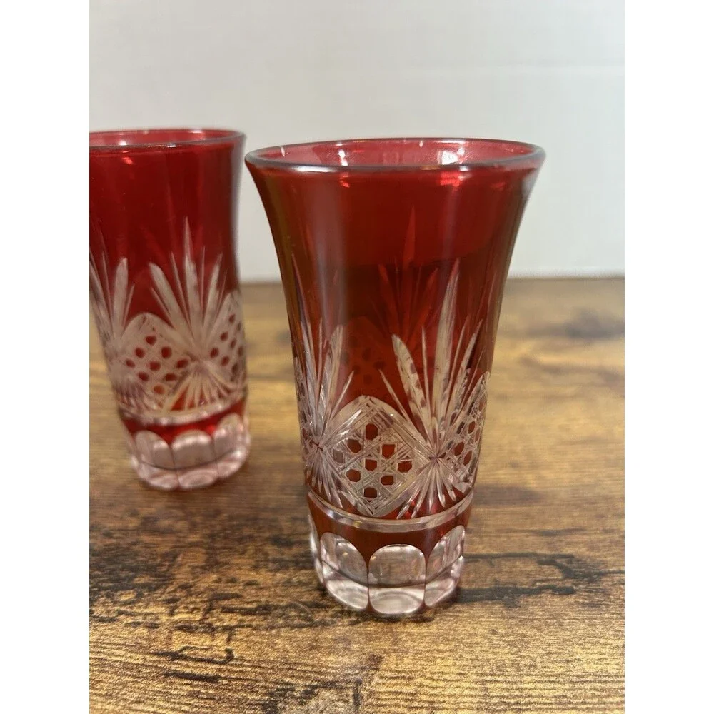 Lot Of 3 Vintage Ruby Cut To Clear Cordial Glasses Candle Holder Decor Displays